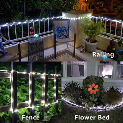 YEGUO 2 Packs Each 33ft 100 LED Solar Rope Lights Outdoor Waterproof, White String Lights for Outside, 8 Modes Fairy Lights in Clear Thin Tube for Camping Fence Patio Garden Trampoline Deck