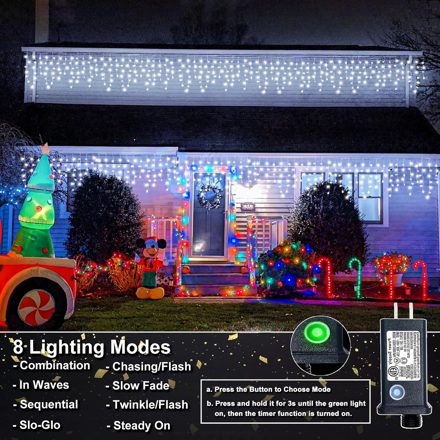 Icicle Christmas Lights, 98FT 1216 LED Icicle Lights for Outside with 228 Drops, 8 Modes Waterproof Twinkle String Lights for House Bedroom Wedding Holiday Decorations, White