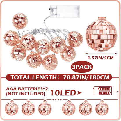 Zhanmai 30 LED Disco Ball String Lights Decor Lighted Mini Mirror Disco Balls Ornaments for 70s 80s Party Supplies Club(1.57 Inch Ball,Rose Gold)