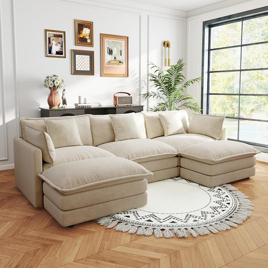 Sectional Sofa 3 Seater with Movable 2 Ottomans,Oversized Modular Couch Deep Seat (Light Coffee, 111.5 inch-U)
