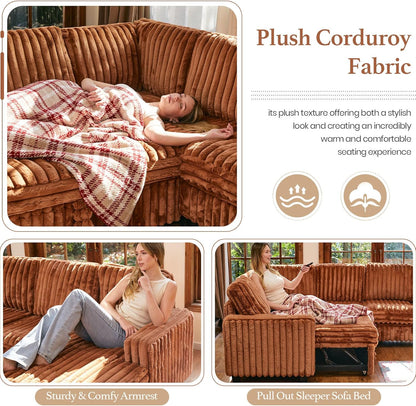 Belffin Plush Corduroy Modular Sectional Sofa with Pull Out Bed Convertible Small Sectional Corner Couch for Living Room Brick Red Couch