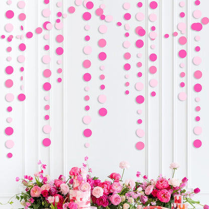 Hot Pink Party Decorations Circle Dots Garland Rose Pink White Hanging Paper Polka Dots Streamer for Birthday Bachelorette Engagement Wedding Baby Bridal Shower Anniversary Minnie Theme Party Supplies