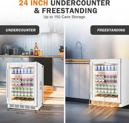 Beverage Refrigerator 24 Inch Drink Fridge, Beer Fridge, 150 Cans Beverage Cooler, Under Counter Refrigerator, Drink Cooler Undercounter Outdoor Refrigerators, Single Glass Door Bar Fridge