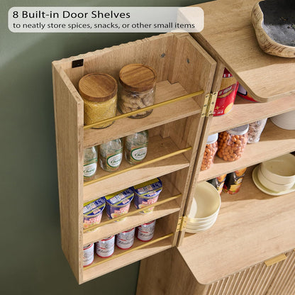 OKD Fluted Kitchen Pantry, 72" Tall Mid Century Modern Storage Cabinet with Adjustable Shelves & Door Organizer, Wood Cabinet for Kitchen, Living Room, Natural Oak