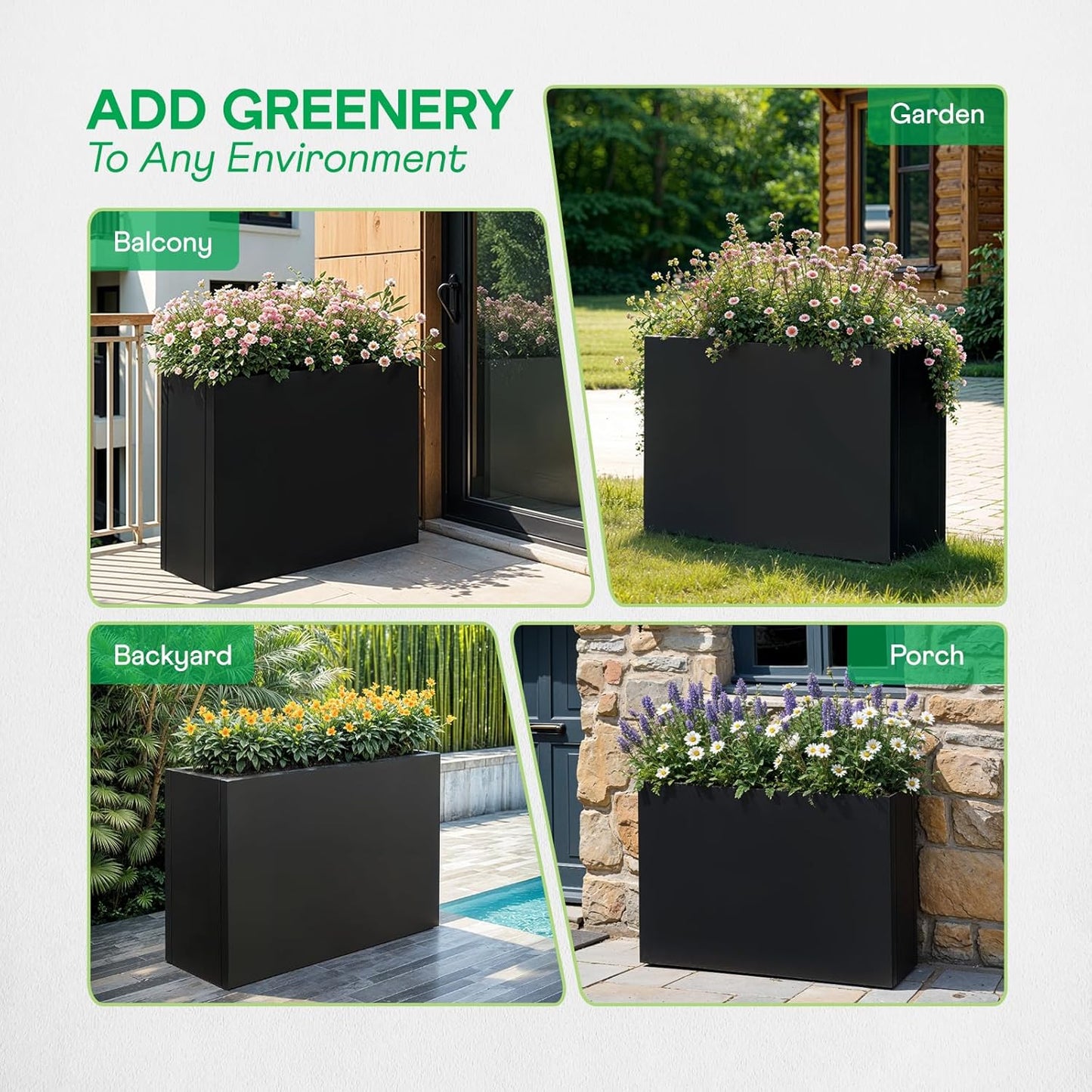 IDZO Metal Planter Box, Privacy Trough for Patio, Rectangle Container for Outdoor Plants, Tall Large Rectangular Steel Bed for Outdoor Greens with Drainage Holes & Adjustable Feet, Black