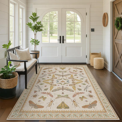 Beige and Yellow 5x7 Boho Rug for Living Room - Foyer Rugs for Entryway, Bedroom, Nursery Room, Insect Butterfly Bug Print, Washable Stain Resistant Home Décor