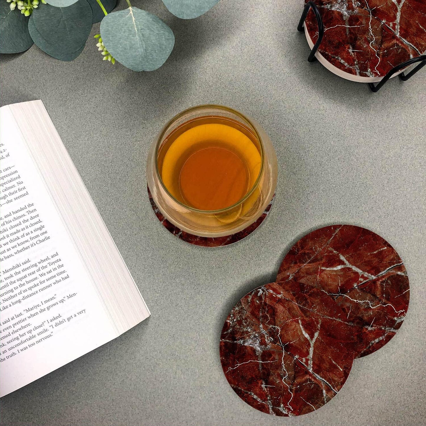 Emerson Coasters for Drinks Absorbent – Natural Stone Drink Coasters Set with Holder, Coasters for Coffee Table, Wooden Tabletop Protection Marble Style – 100% Heavy Duty Set of 6 (Ruby)