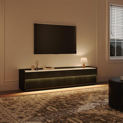 POVISON Fully-Assembled Mid Century Glossy Sintered Stone TV Stand, 78.74" Wood Media Console with Adjustable LED Light, Entertainment Center with Storage for Living Room