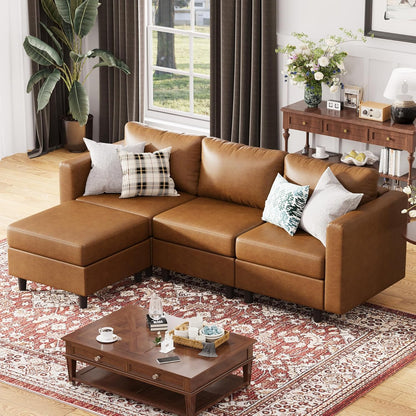 91.5" Faux Leather Modular Sectional Sofa, L Shaped Couch Set for Living Room, 3-Seater Comfy Cloud Couches with Movable Storage Ottoman,DIY Combination - Brown