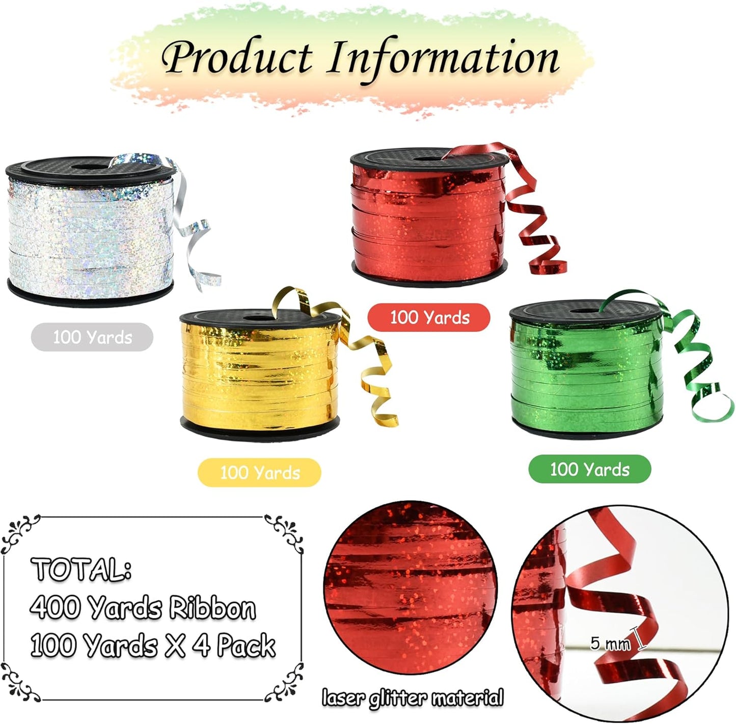 BEISHIDA 4 Pack Christmas Curling Ribbons Red Green Gold Silver Balloon String Ribbons for Gift Warppping Birthday Christmas Party Decorations（Total 400 Yards）