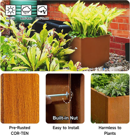 Corten Steel Corner Metal Planter Box Garden Steel Planter Pot for Patio Modern Farmhouse Rustic Design (L36 x W12 x D16, Rusted)