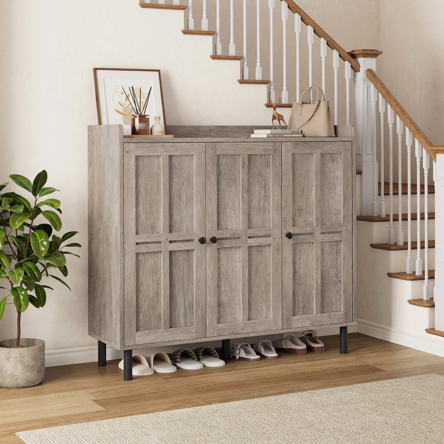 ComfyCorner Shoe Cabinet with 3 Doors, Shoe Rack for Entryway, Washed Gray