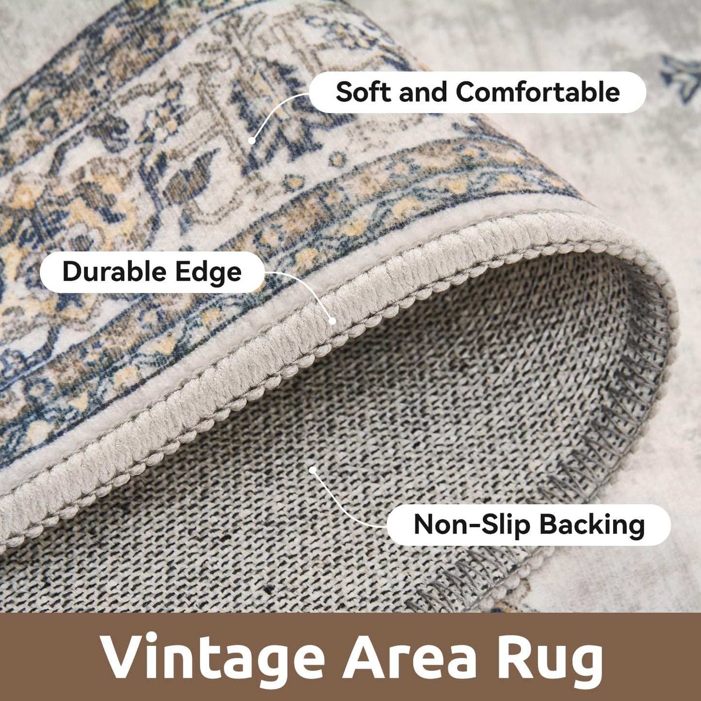 AMOAMI-Vintage Area Rug 4x6 Grey Rugs for Living Room-Soft Living Room Rug Non Slip Rugs for Bedroom Carpet Machine Washable Rug for Dining Room Bedside Office Room Decor