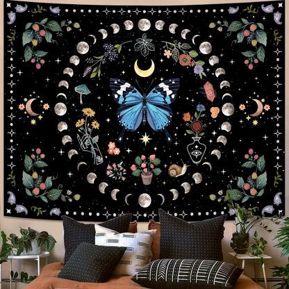Aipon Blue Butterfly Moon Flower Tapestry Botanical Boho Plant Floral Wall Hanging for Bedroom and Living Room (36.00'' 48.00'', Blue)