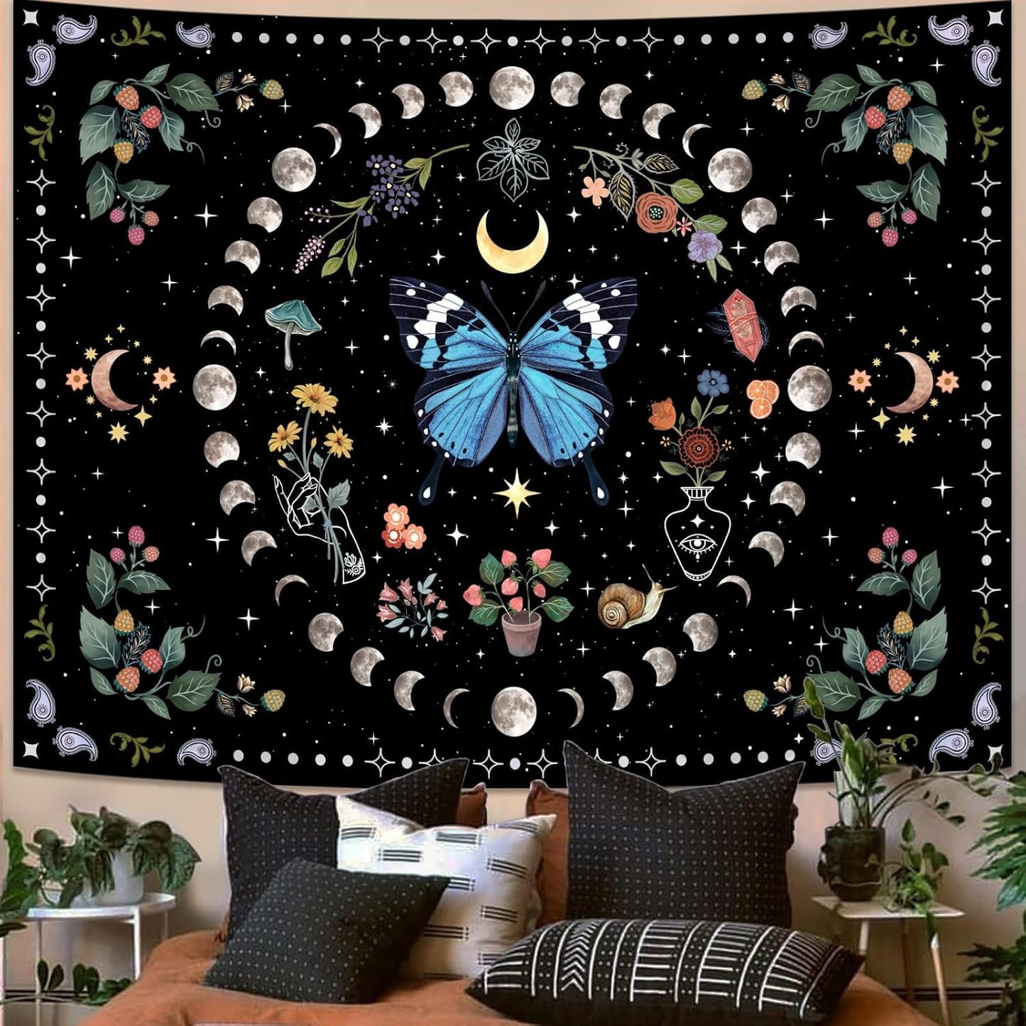 Aipon Blue Butterfly Moon Flower Wall Hanging - Botanical Boho Floral Tapestry for Bedroom & Living Room (44.00" x 60.00", Blue)