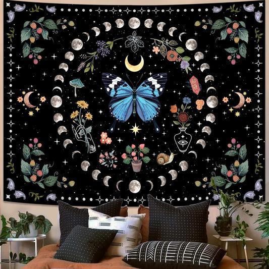 Aipon Blue Butterfly Moon Flower Wall Hanging - Botanical Boho Floral Tapestry for Bedroom & Living Room (44.00" x 60.00", Blue)