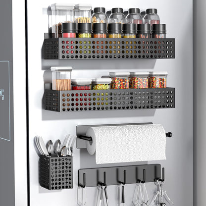 Magnetic Spice Rack for Refrigerator 2 Tiers and Paper Towel Holder and Utensil Holder, Magnetic Refrigerator Organizer, Strong Magnetic Fridge Shelf, Side Fridge Storage Rack for Kitchen