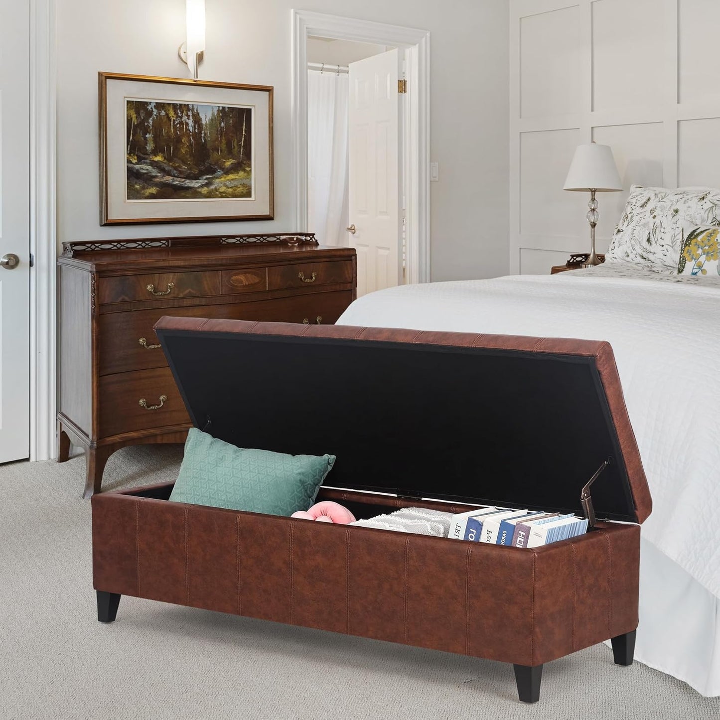 Joveco 51 Inch Storage Ottoman Bench,Tufted Leather Storage Bench for Bedroom (51”,Brown)