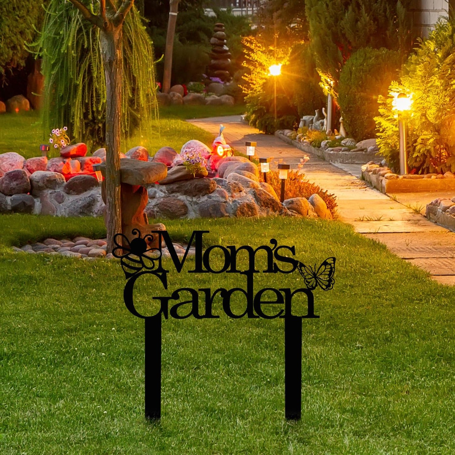 Custom Patio Meta Sign with Stake, Bee and Butterfly Decoration, Farmhouse Yard Art - Personalized Gardener Name, Gift for Mom & Grandma