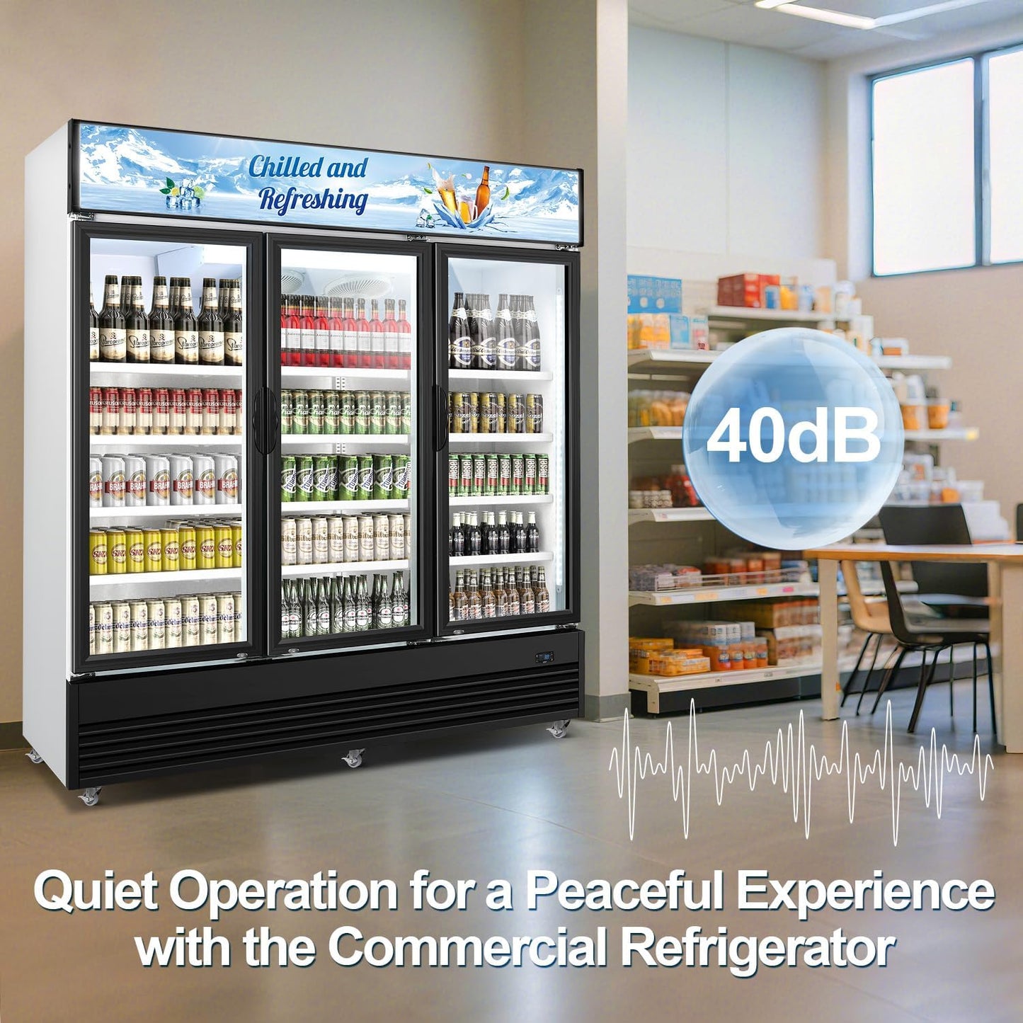 Tylza Commercial Refrigerator, Three Glass Door Display Beverage Fridge, 59.06 Cu Ft Upright Beverage Cooler Merchandiser with Replaceable Advertising Light Board, Rebound Door, Fast Cooling