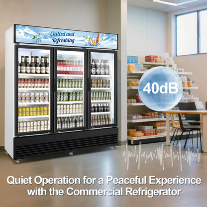 Tylza Commercial Refrigerator, Three Glass Door Display Beverage Fridge, 59.06 Cu Ft Upright Beverage Cooler Merchandiser with Replaceable Advertising Light Board, Rebound Door, Fast Cooling