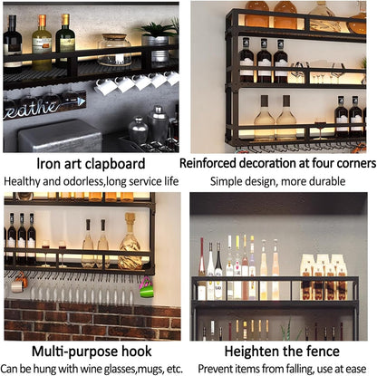 Modern Wine Rack Wall Mounted With Glass Holder,3-Tier Bar Liquor Shelf,Black,Metal Large Capacity Hanging Wine Storage Racks,Iron Floating Bar Shelves For Liquor Bottles,For Kitchen Dining Room