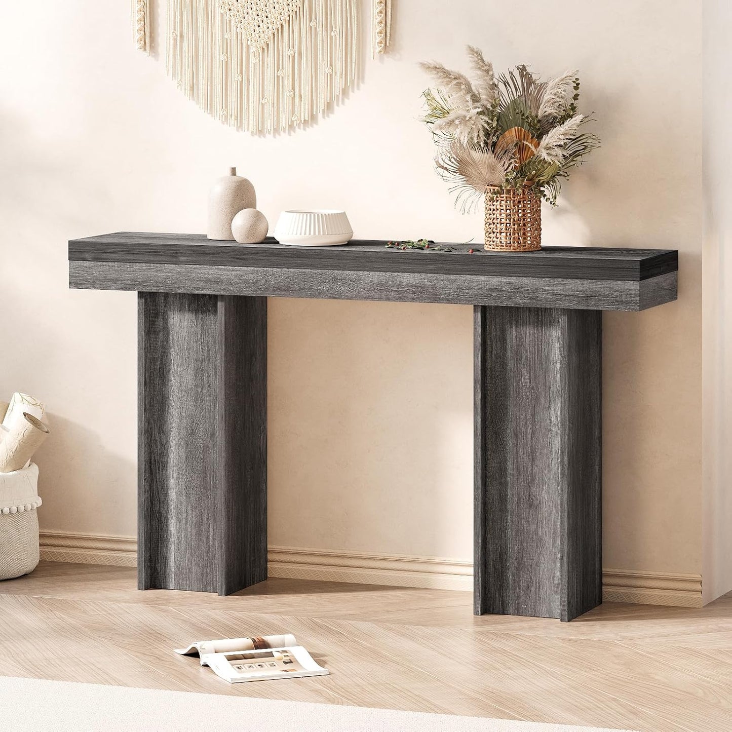 55Inch Farmhouse Console Table,Wooden Rectangular Sofa Table Behind The Couch,Entryway Console Table with Storage for Living Room, Hallway,Entrance (Grey)