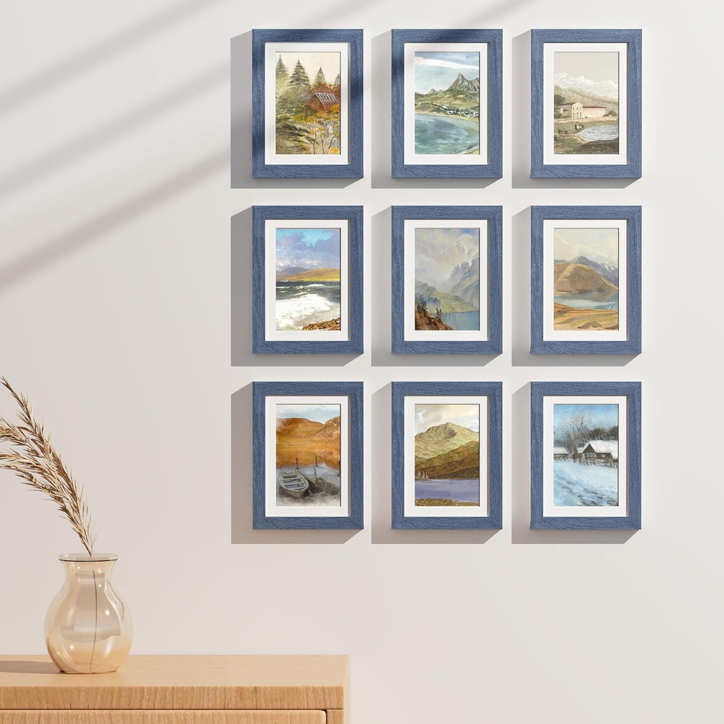Vittanly 5x7 Picture Frames Set of 9, Shatter Resistant Plexiglass, Display 4x6 Pictures with Mat or 5x7 without Mat, Photo Frames for Wall or Tabletop, Engineered Wood, Navy