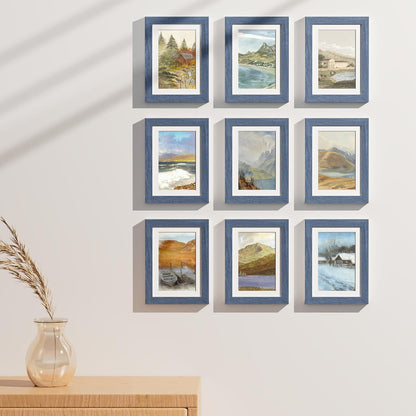 Vittanly 5x7 Picture Frames Set of 9, Shatter Resistant Plexiglass, Display 4x6 Pictures with Mat or 5x7 without Mat, Photo Frames for Wall or Tabletop, Engineered Wood, Navy