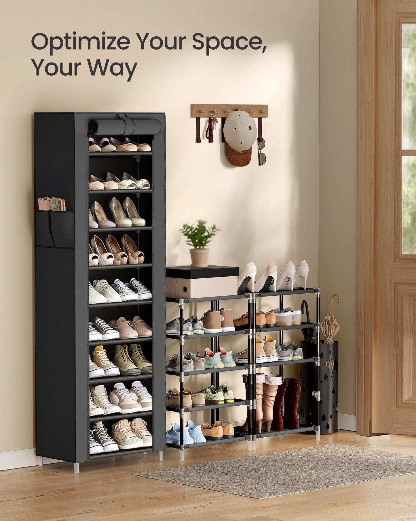 SONGMICS 10-Tier Shoe Rack, Shoe Storage Cabinet with Dustproof Cover, Free-Standing Storage