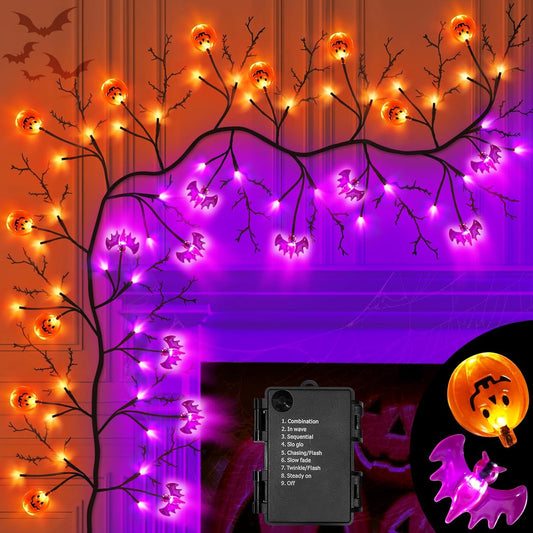 7 Ft 63 LED Halloween Willow Vine Twig Garland with 8 Modes Timer Orange Purple 21 Pumpkin Bats Lights,Halloween Garland with Waterproof Battery Operated for Indoor Wall Fireplace Decorations