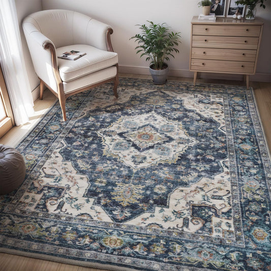 AMOAMI-4X6 Area Rugs for Living Room -Soft Vintage Bedroom Rugs-Non Slip Washable Rug-Throw for Living Room Bedroom Bedside Dining Room Office Blue