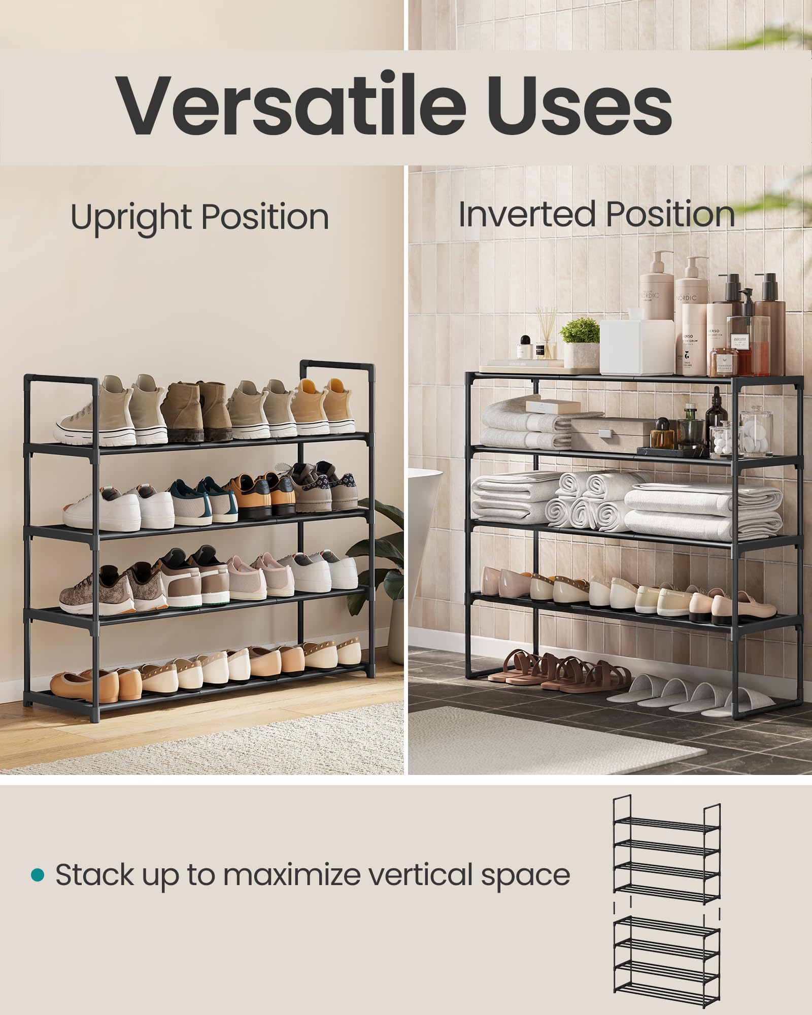 SONGMICS Shoe Rack, 4-Tier Shoe Organizer, Metal Storage Shelf, Upright or Upside Down, for 20-25