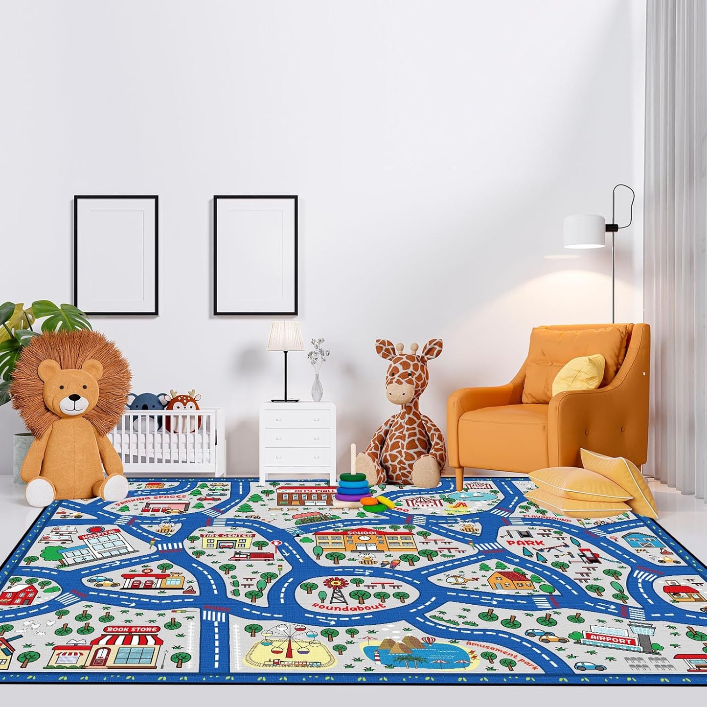 Kids Carpet Playmat Rug Player Car Rug,City Life Traffic Road Map Mat Educational Game Area Rug for Toddler Children Playroom Classroom Bedroom (Blue,6 x 9 ft)