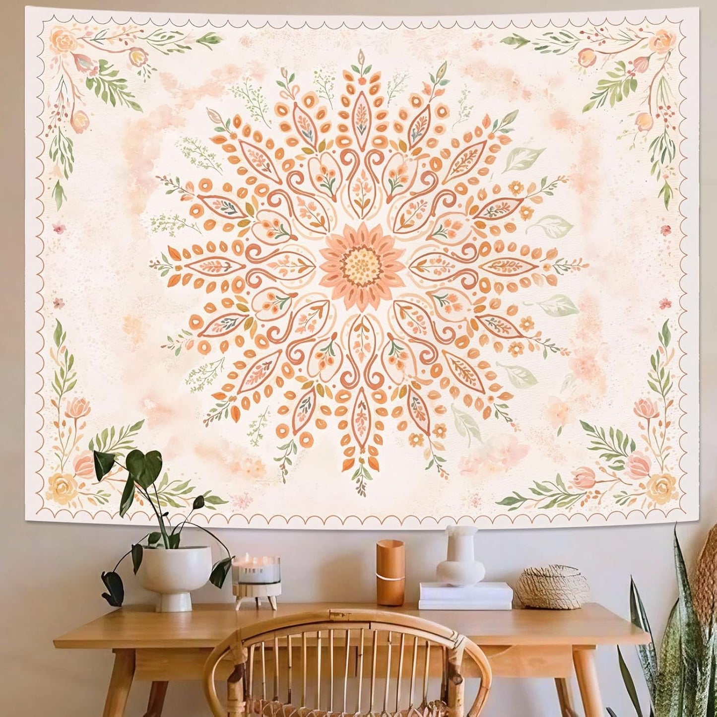 Lunerfex Floral Mandala Tapestry Boho Tapestry for Bedroom Peach Tapestries Wall Hanging Living Room Wall Art and Home Decor 60x80