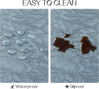 Romanstile Vinyl Placemats Set of 6-12 X 18 Inch - Heat Resistant Non-Slip Embossed Floral Place Mats 100% Waterproof Oilproof Wipeable Faux Leather Table Mats for Kitchen/Dining/Party, SkyBlue