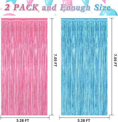 2 Pack Gender Reveal Decorations, 3.28 FT x 7.05 FT Pink and Blue Fringe Backdrop, Metallic Boy or Girl Foil Fringe Curtains Tinsel Backdrop Party Streamers, Birthday Party Decor Photo Booth Props