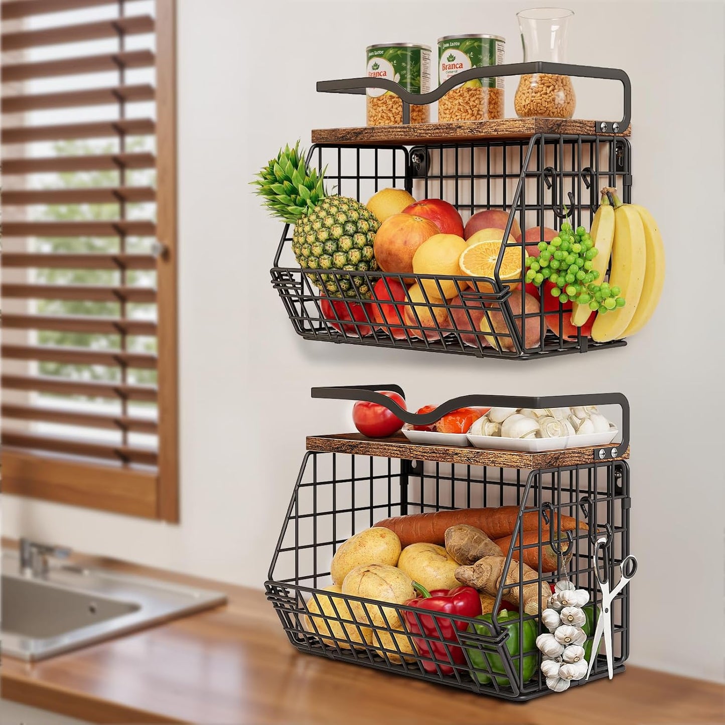 2 Pack Fruit Bowl Hanging Fruit Basket for Kitchen Counter ,Stackable Wire Baskets for Onion Storage and Potato Storage with Wood Lid,Vegetable Fruit Basket with Banana Hooks