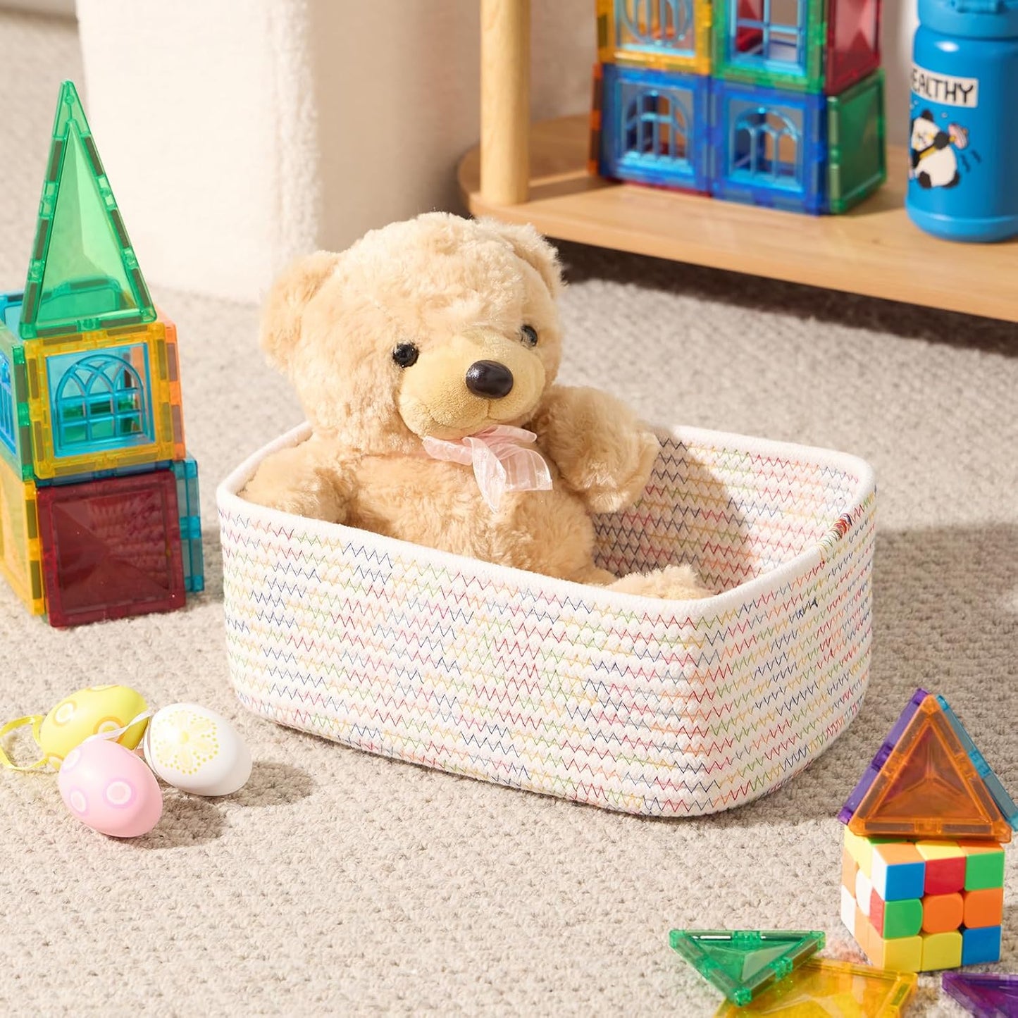 Small Storage Baskets for Organizing | Closet Organizer Bins | Shelf Toy Basket | Woven Rope Baskets | Cube Decorative Box | Shallow Basket | 11.5x7.5x4.7” | 4 Packs Rainbow