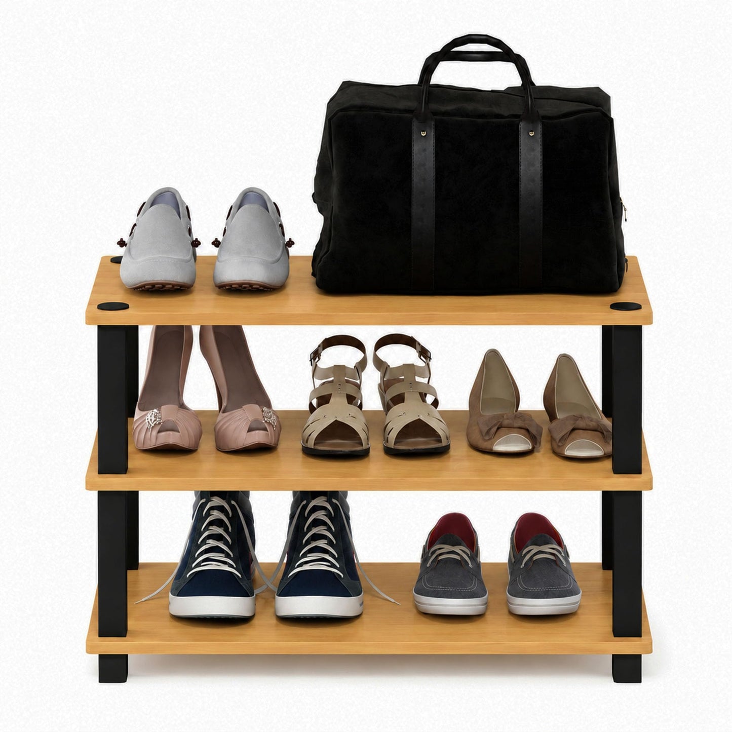 Furinno Turn-S-Tube 3-Tier Shoe Rack, Light Cherry/Black