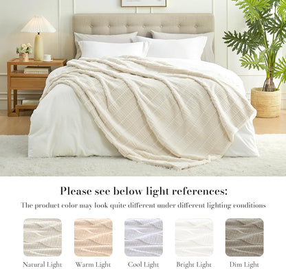 Amélie Home Luxury Striped Faux Fur Throw Blanket for Couch, Embossed Split Fur Cozy Fuzzy Fluffy Luxurious Soft Plush Sofa Chair Bed Gift Blankets for Women Men Wife Friend, 88"x90", Ivory