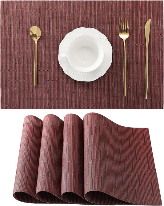 Leetaltree Burgundy Placemats Set of 4 - Heat Resistant Non-Slip Place mats for Dining Table, Washable Durable PVC Vinyl Woven Table Mats（Burgundy, 4）