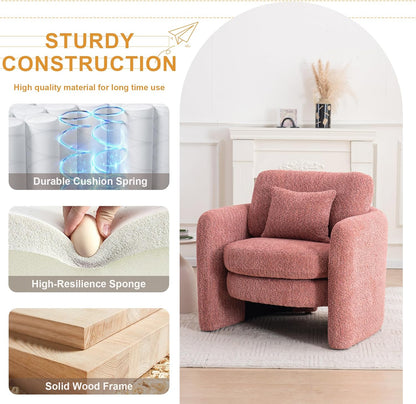 Chenille Accent Armchair Oversize Upholstered Barrel Comfy Modern Round Lounge Sofa Chair with Pillow Cozy Reading Chairs for Apartment,Office,Living Room,Dining,Makeup,Club,Pink 2SET