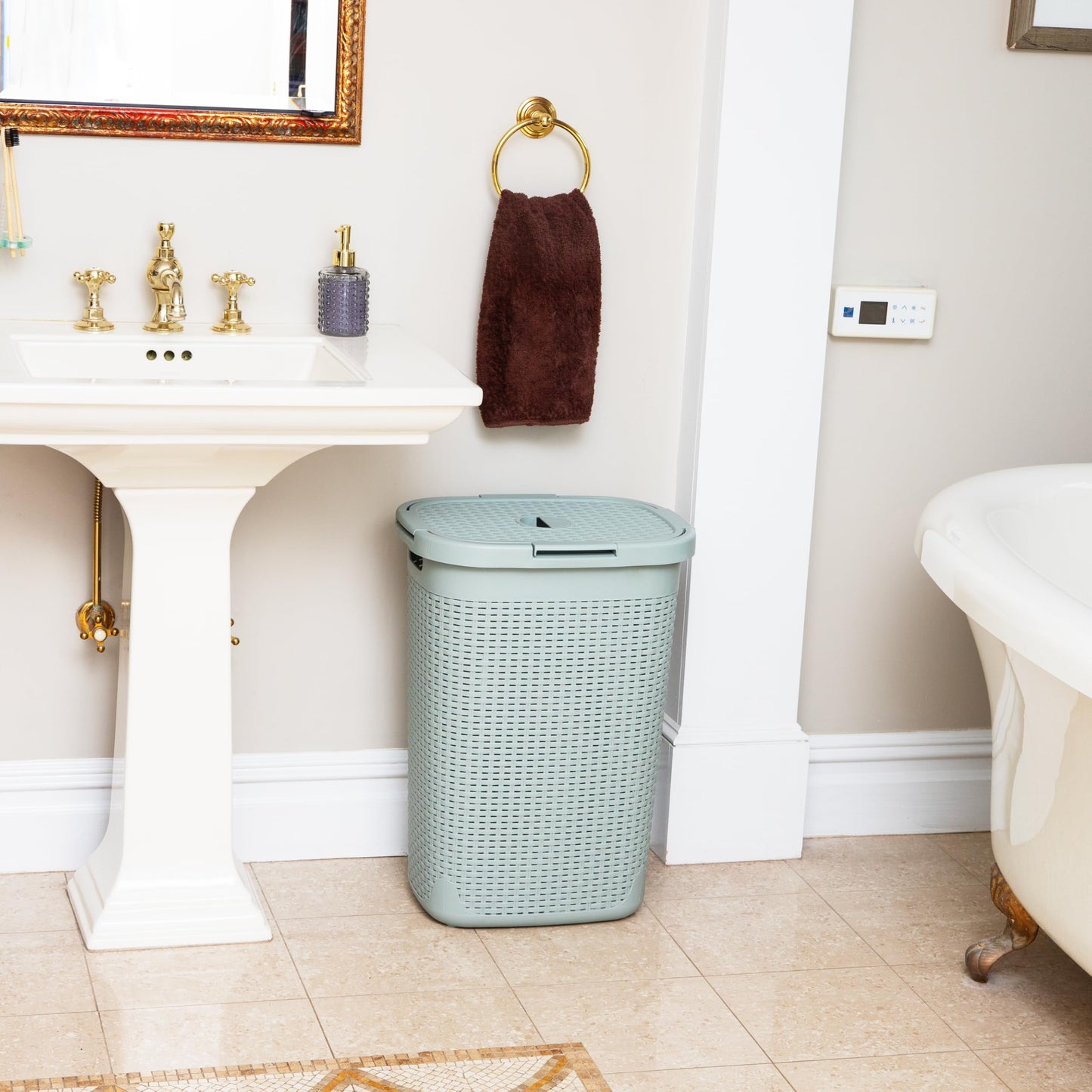 Mind Reader Slim Laundry Hamper with Lid, 60L Tall Clothes Basket, Narrow Tapered Design for
