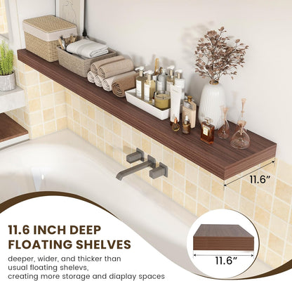 12 Inch Deep Floating Shelves for Wall | 72W x 12D Floating Shelves Set of 1 | Rustic Walnut Long Floating Shelves for Living Room Bathroom Laundry Room Bedroom Kitchen Home Office
