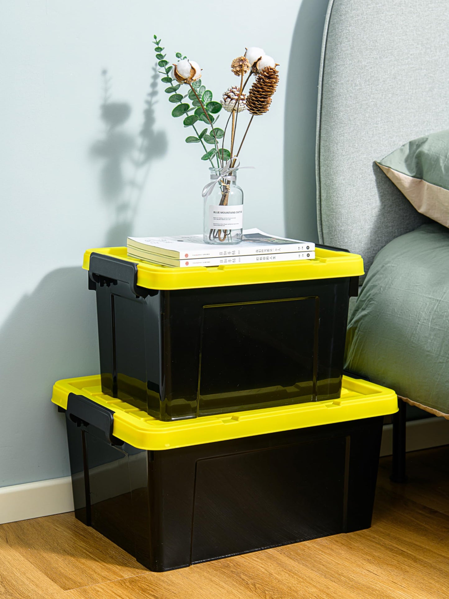 Cetomo 72Qt*4 Plastic Storage Bins, Tote Storage Box with Handle, Stackable, Black and Yellow