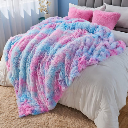 GONAAP Fuzzy Faux Fur Throw Blanket Queen Size Purple Rainbow Super Soft Cozy Plush Fuzzy Shaggy Blanket for Couch Sofa Bed (Purple Rainbow, Queen(90"x90"))
