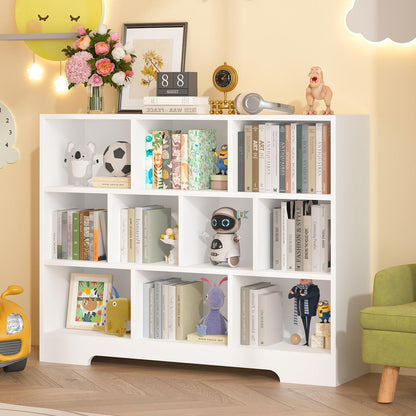 Book Shelf, 10 Cubes Storage Organizer, 3-Tier Open Shelf Wooden Bookcase, Freestanding White Bookshelf Cube Shelf for Bedroom, Living Room, Home Office