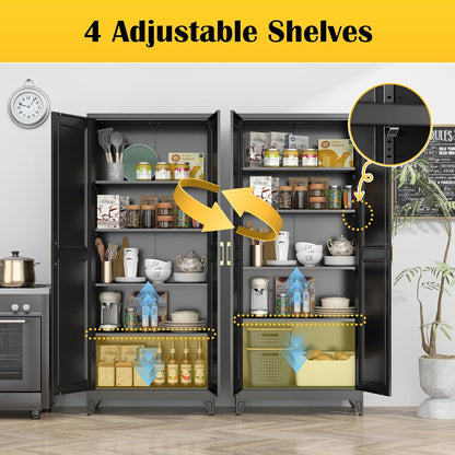Kitchen Pantry Cabinet,75”Black Metal Storage Cabinets with Doors and 4 Adjustable Shelves,Kitchen Cabinet with 2 Gold Handles,Tall Cabinet for Livingroom, Bathroom
