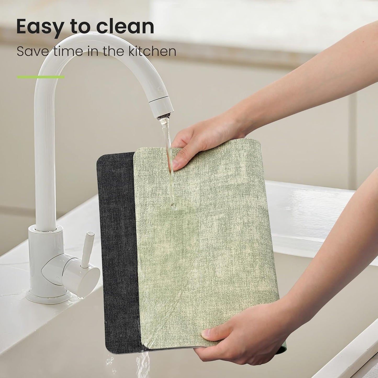 Faux Leather Dual Sided Placemats Set of 6, Square Non-Slip Heat Resistant Placemats with Coaster, Reversible wipeable Waterproof Table Mats for Kitchen, Dining, Outdoor (6, Black Light Green)